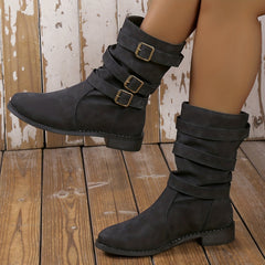 Chunky Heel Dress Boots with Buckle Strap - Women's