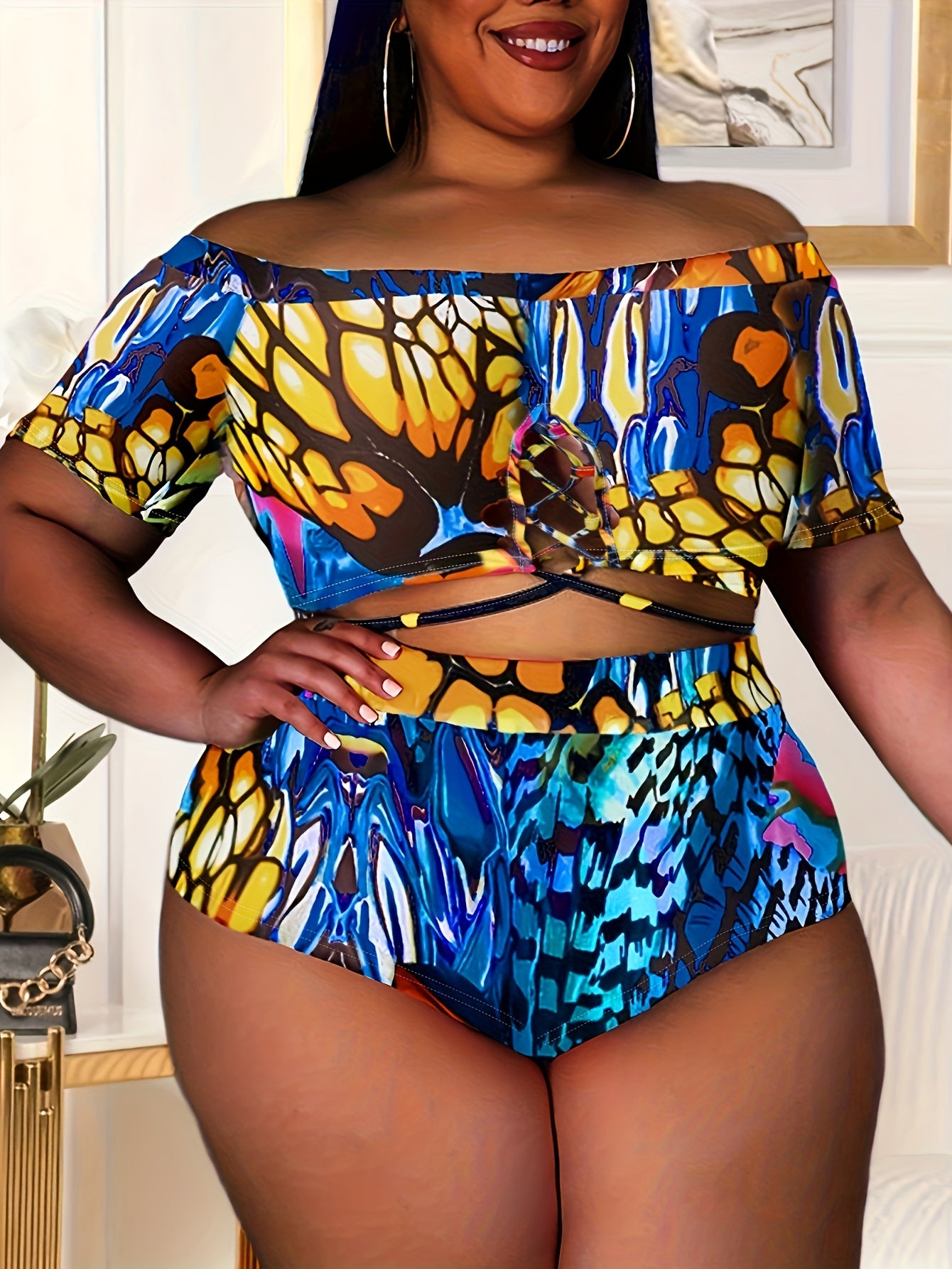 Colorful Painting Print Off Shoulder Criss Cross Swimsuit Set