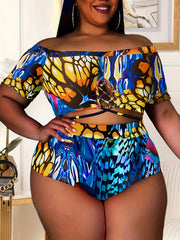 Colorful Painting Print Off Shoulder Criss Cross Swimsuit Set
