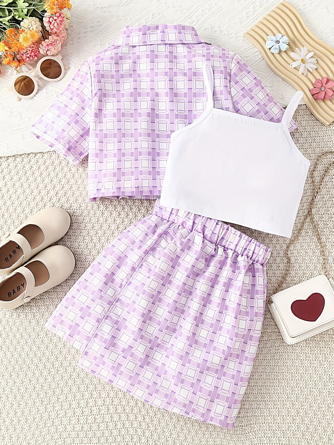3pcs Girls Plaid Blazer Top Skirt Set for Vacation Casual Daily Kids Summer