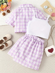 3pcs Girls Plaid Blazer Top Skirt Set for Vacation Casual Daily Kids Summer