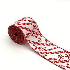4.57m Christmas Gift Pattern Wired Red Ribbon - Candy Cane Design