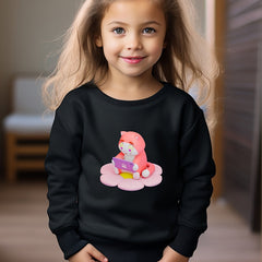 Cartoon Cat Print Girls Pullover Sweatshirt Long Sleeve Crew Neck Tops
