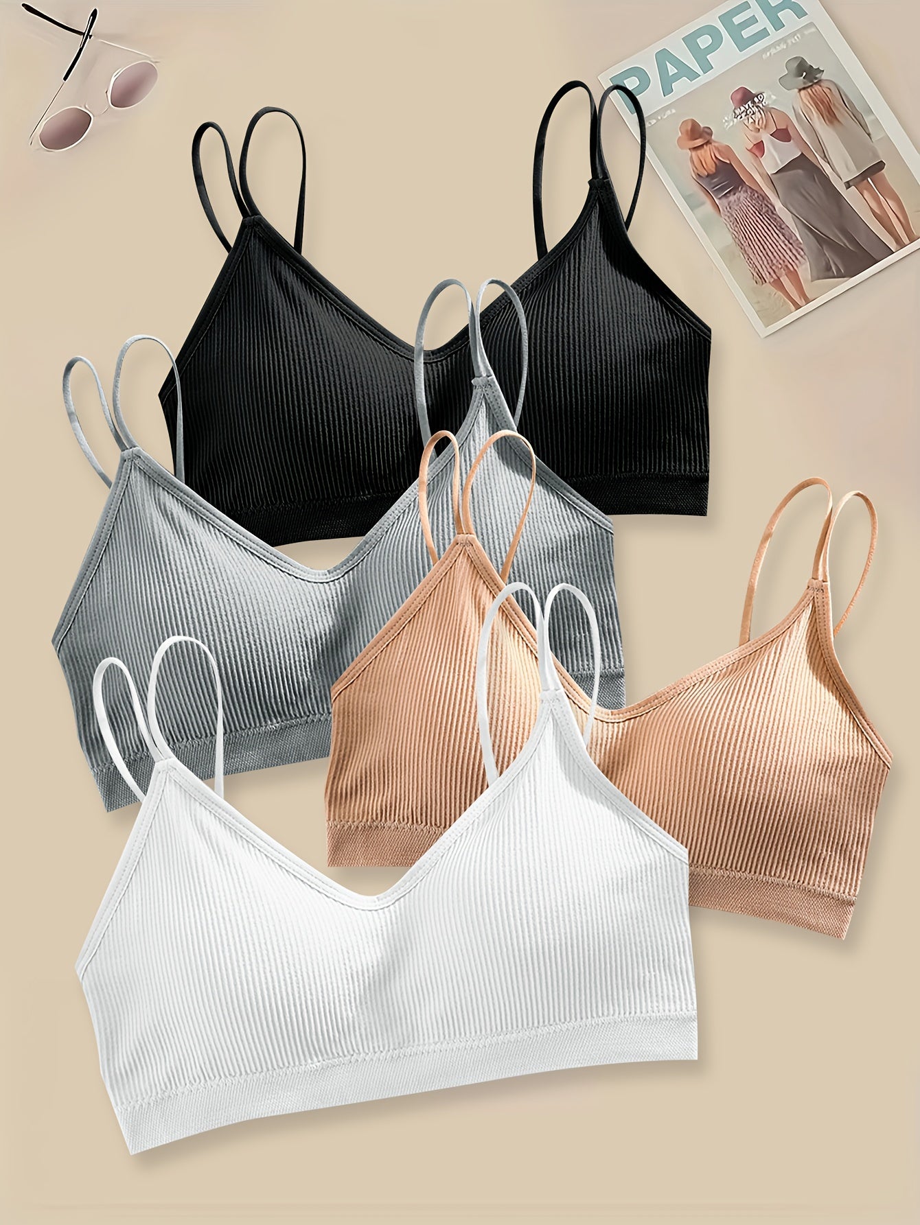 4pcs Solid Ribbed Wireless Bras Double Straps Women's Lingerie