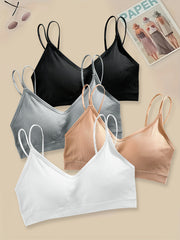 4pcs Solid Ribbed Wireless Bras Double Straps Women's Lingerie
