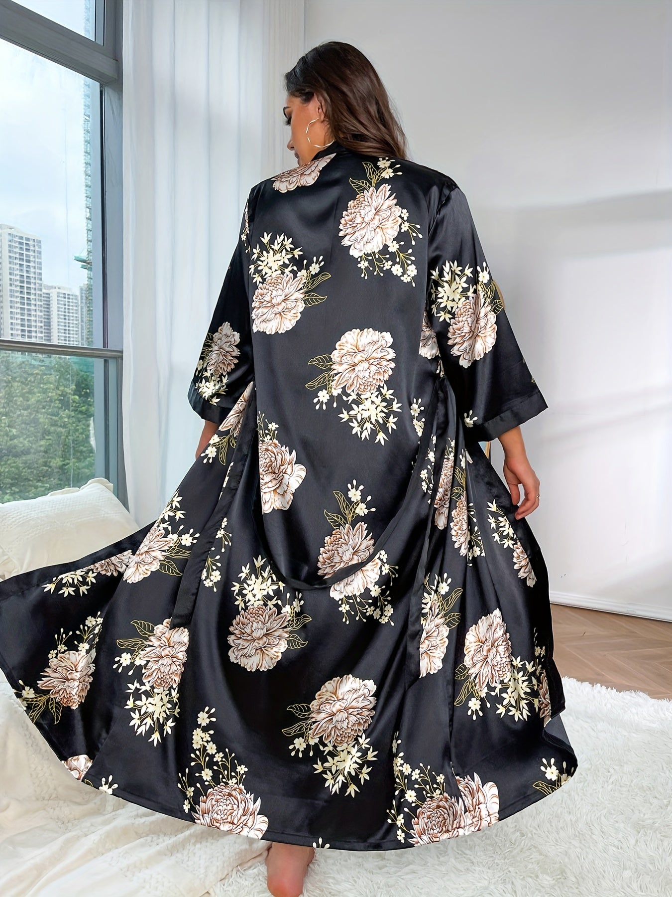 Satin Floral Print Kimono Bath Robe