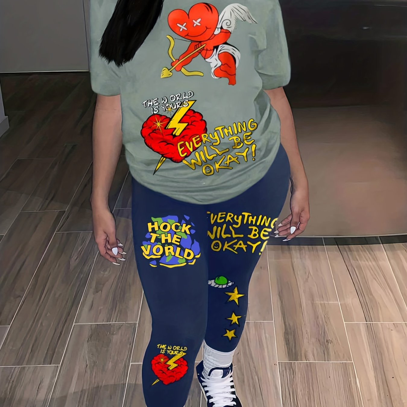Casual Two Piece Set: Slogan Graphic Print Crop Top & Leggings Outfits