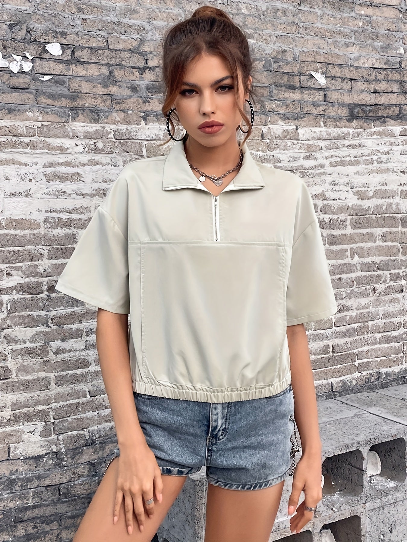 Solid Stand Collar Short Sleeve Jacket