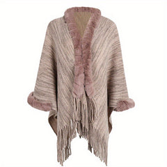 Fur Collar Cardigan Solid Warm Tassel Shawl Wrap Windproof Striped Shawl Cape