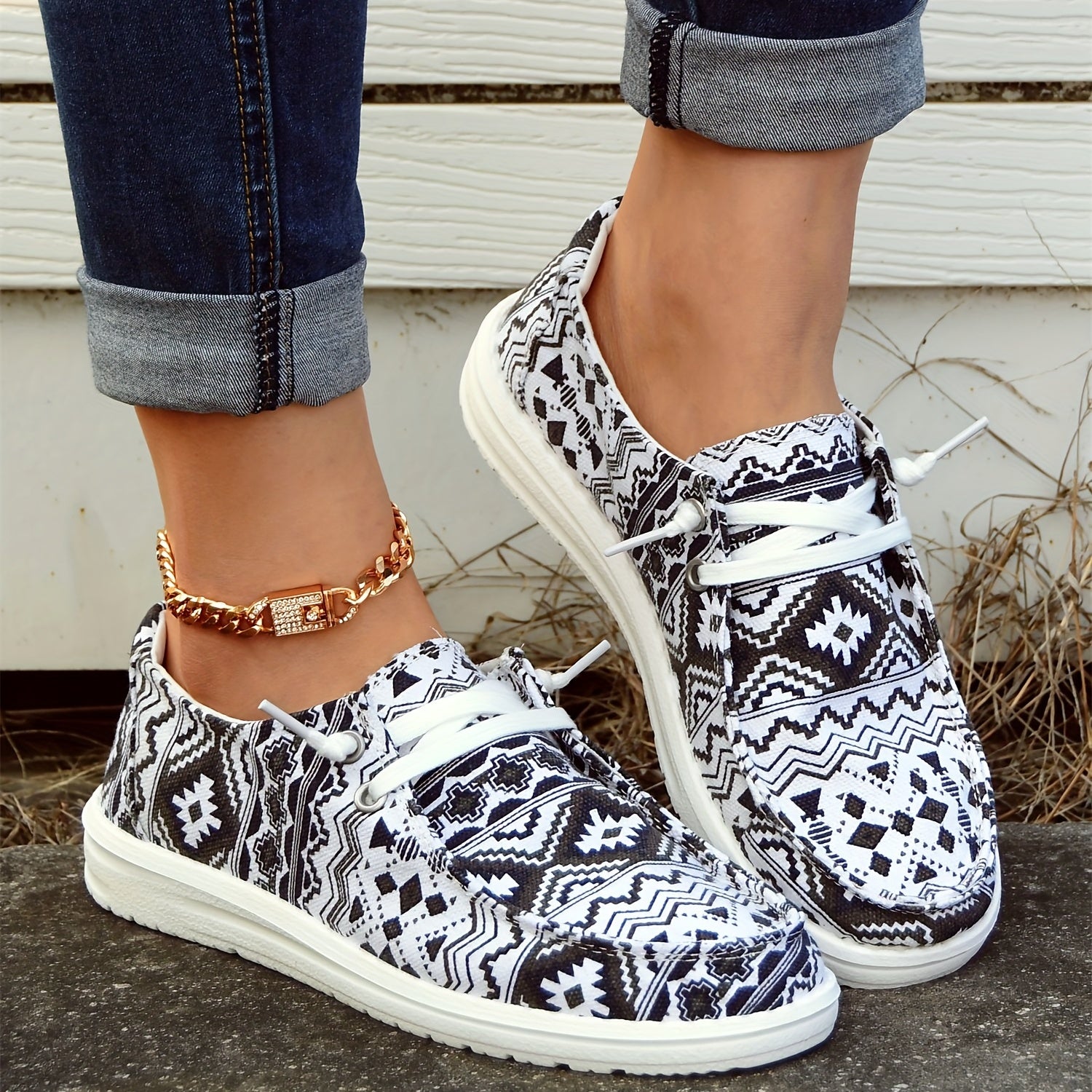 Boho Pattern Boat Shoes Lace Up Lightweight Walking Shoes Slip on Canvas Shoes