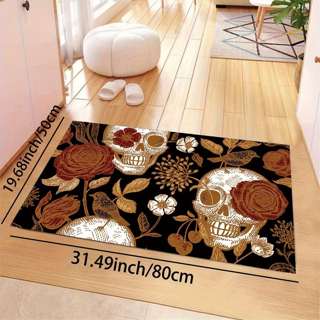 Vintage Skull Flower Print Machine Washable Area Rug - Indoor Use