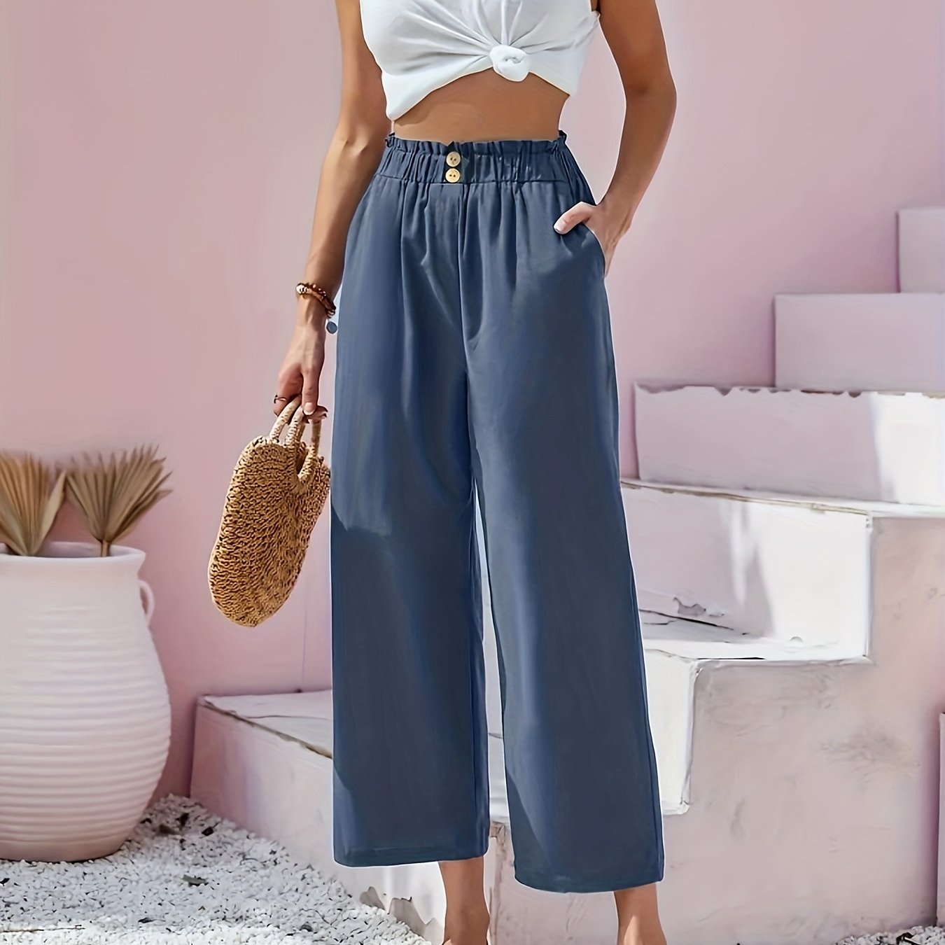 Wide Leg Trousers with Pockets - Elastic High Rise