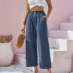 Wide Leg Trousers with Pockets - Elastic High Rise