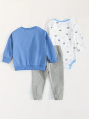Baby Boys Cartoon Graphic Outfit Sweatshirt Romper Trousers Set