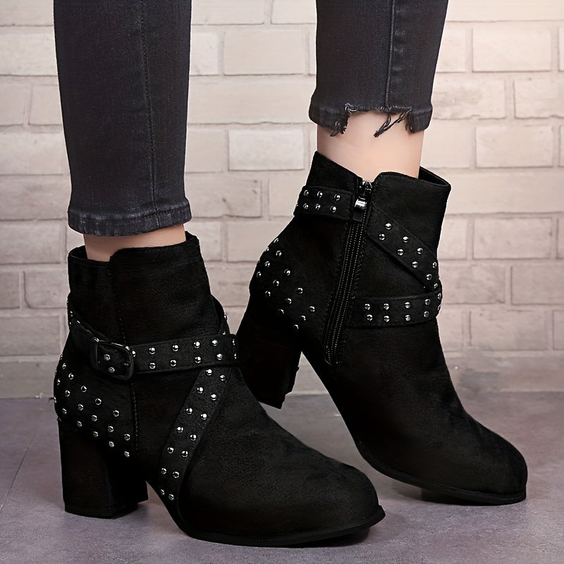 Studded Side Zipper Chunky Heel Ankle Boots