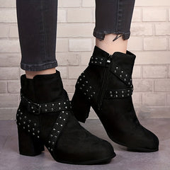 Studded Side Zipper Chunky Heel Ankle Boots