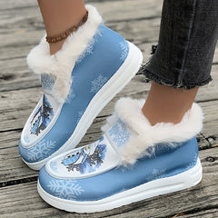 Christmas Snowflake Snowman Print Furry Boat Shoes