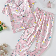 Girls Rainbow Unicorn Pajama Set Short Sleeve Top & Pants Sleepwear