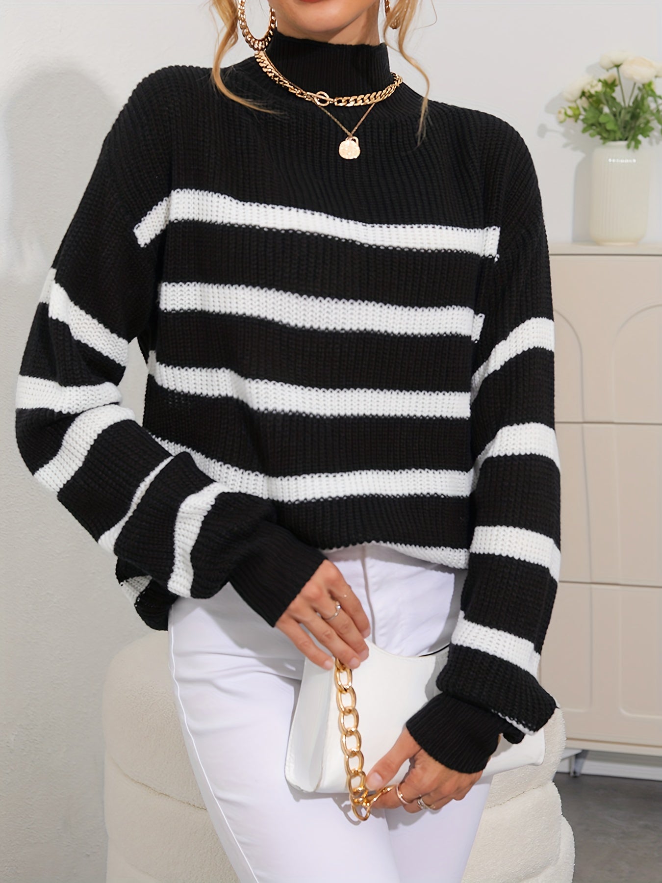 Striped Mock Neck Pullover Sweater for Women