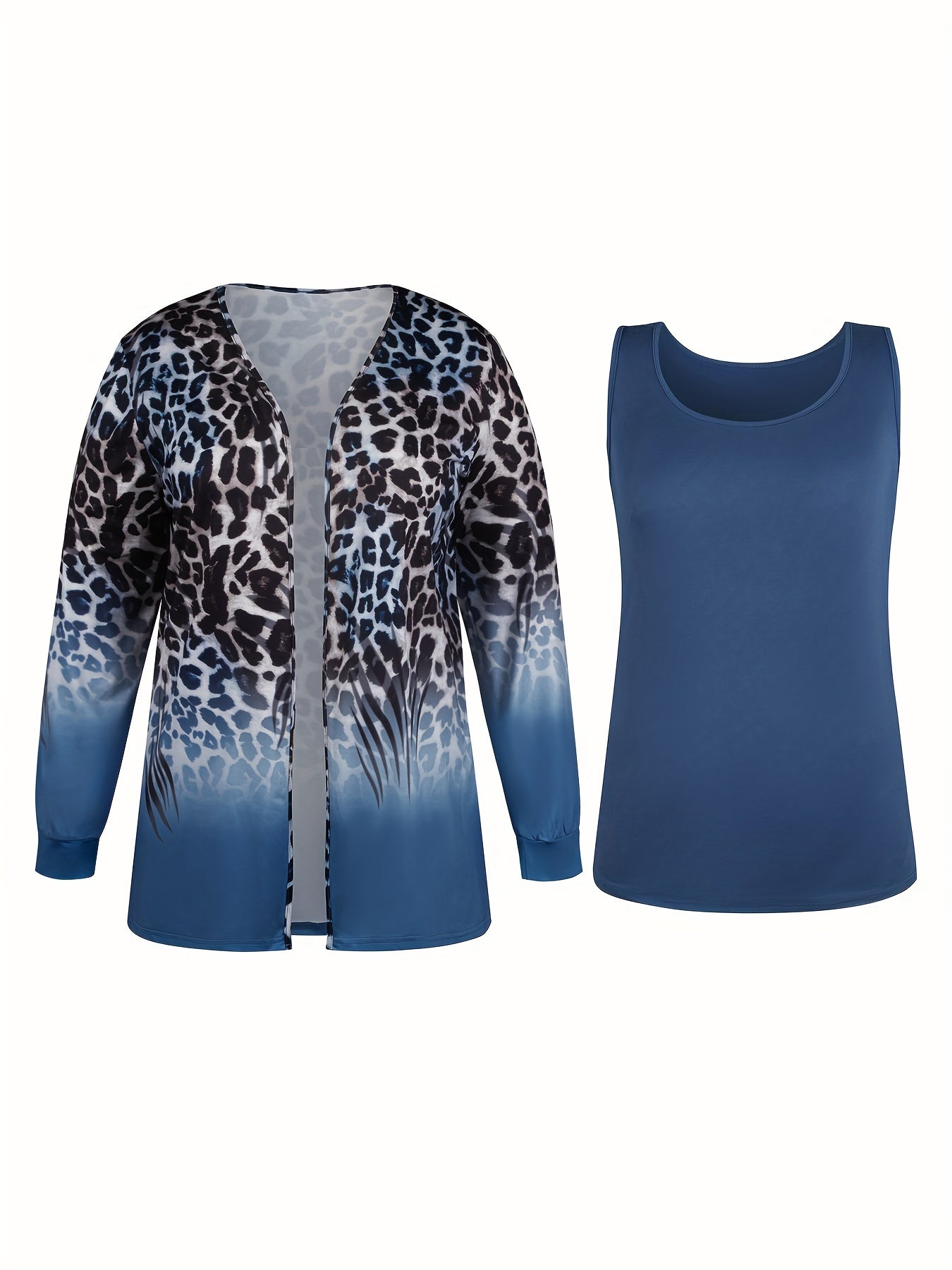 Ombre & Leopard Print Cardigan & Tank Top 2 Piece Set