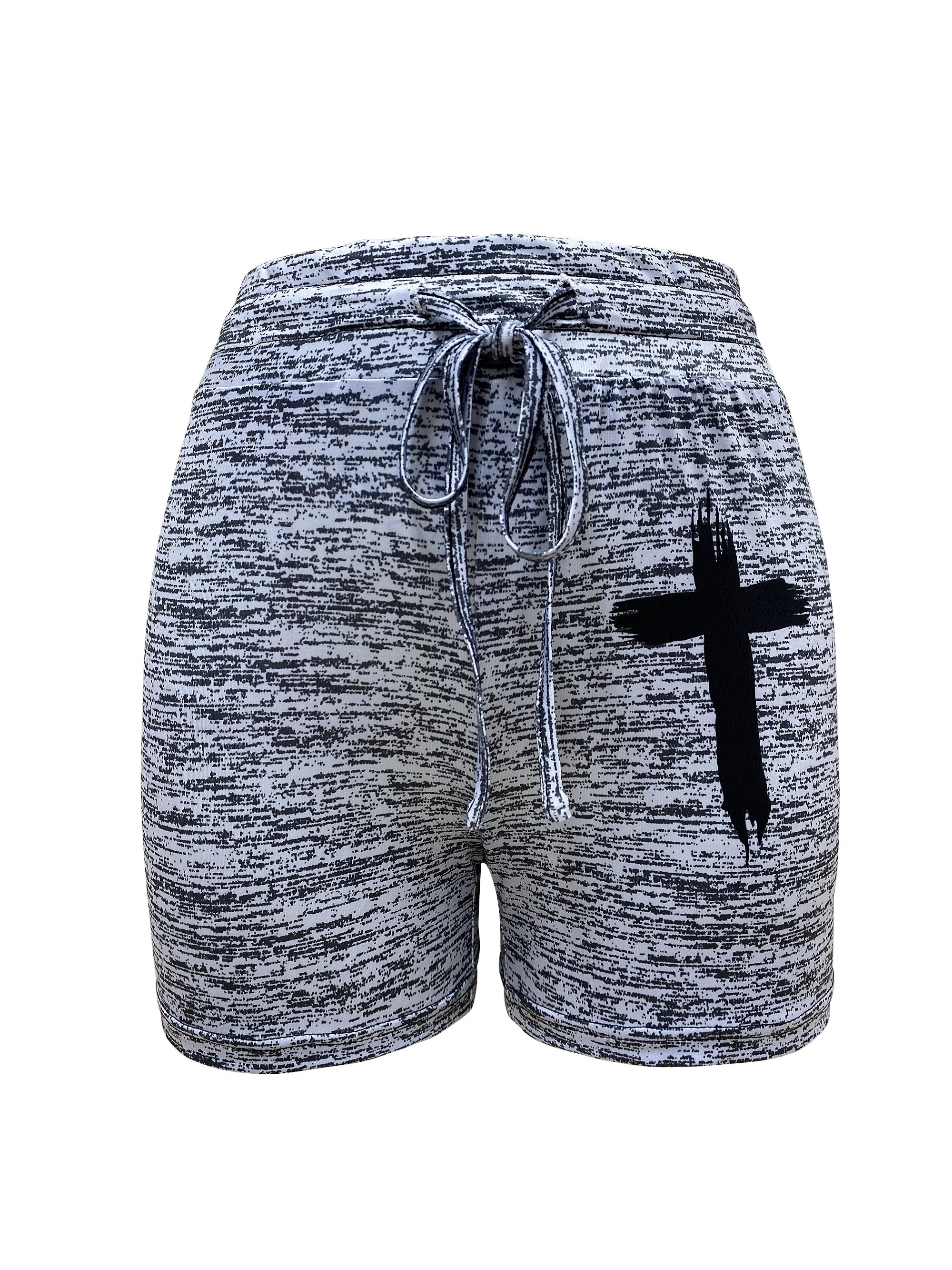 Cross Print Casual Drawstring Waist Shorts Spring & Summer Women's Clothing