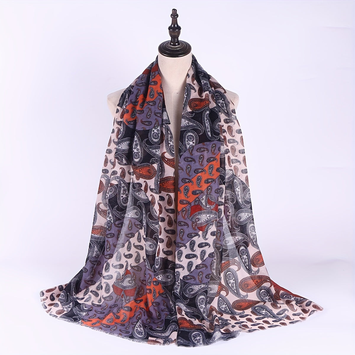 Boho Paisley Print Scarf Block Vintage Raw Edge Shawl