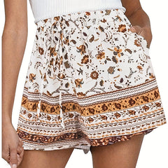 Boho Shorts Retro Floral Stripe Print With Pockets