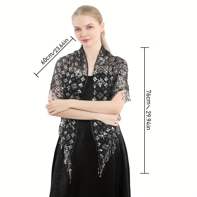 Sequin Decor Triangle Scarf Floral Hollow Out Solid Shawl
