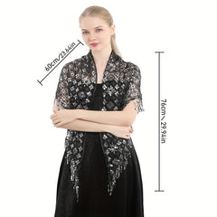 Sequin Decor Triangle Scarf Floral Hollow Out Solid Shawl