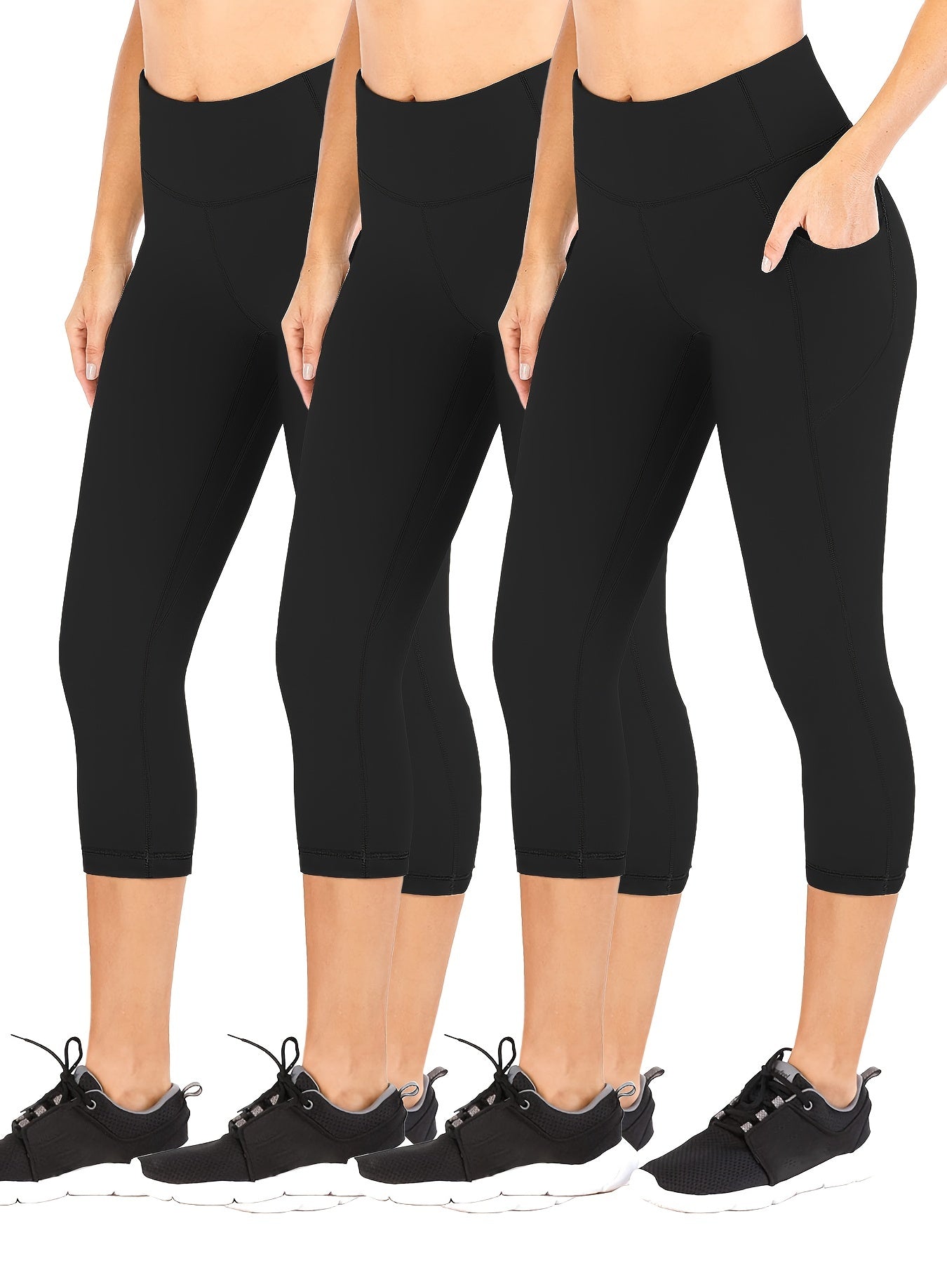 3Pcs Slim Fit Capris Yoga Pants Mid Stretch With Side Pocket