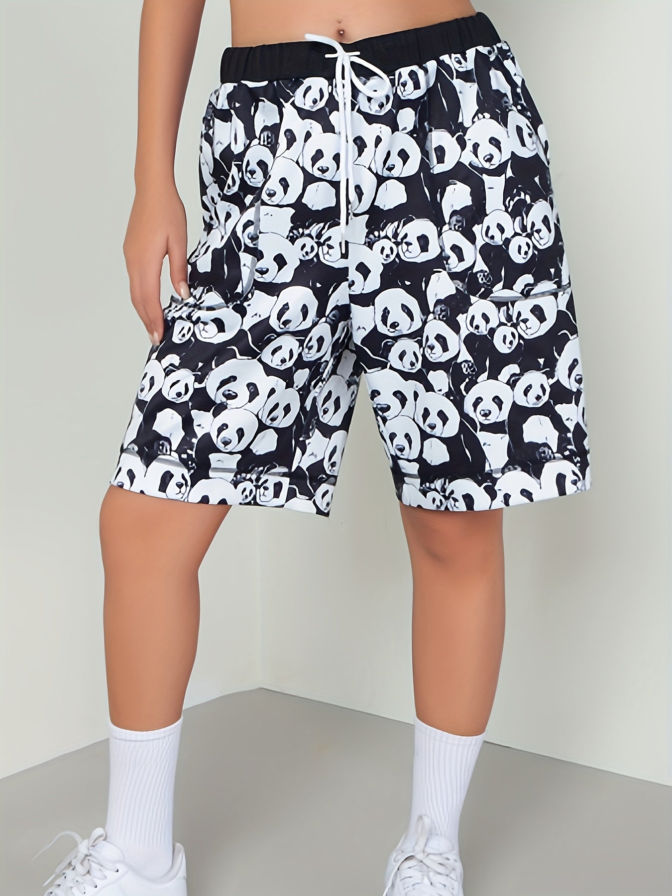 Panda Print Drawstring High Rise Shorts