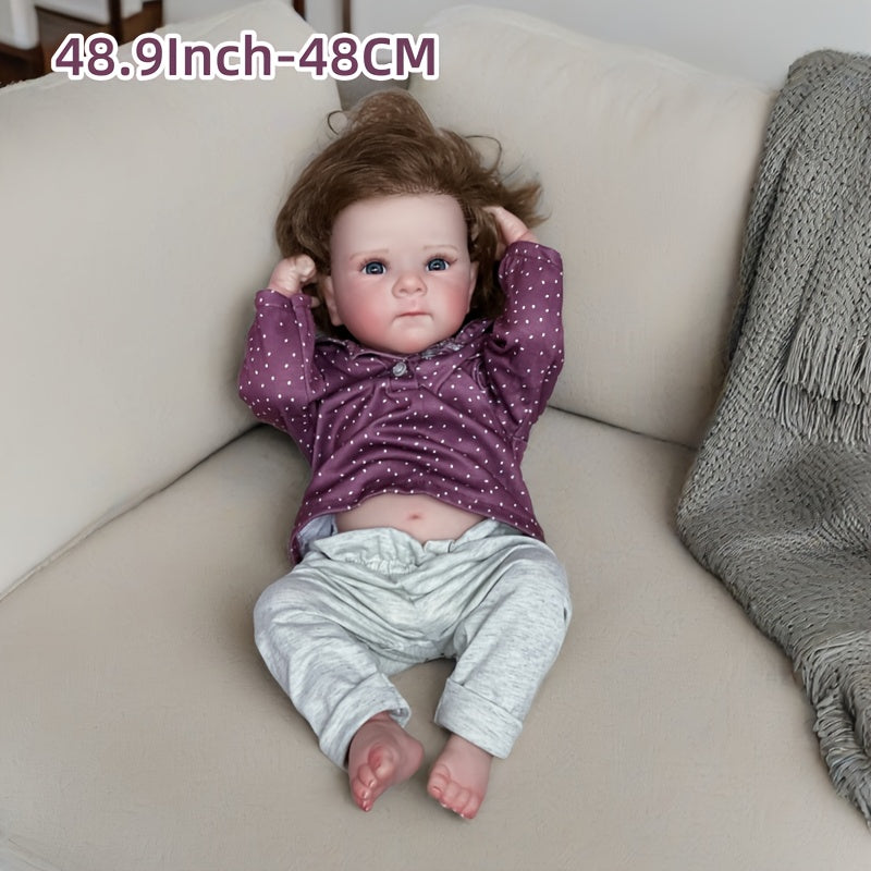 48cm Waterproof Vinyl Reborn Doll Rooted Hair Purple Polka Dot Onesie Bei