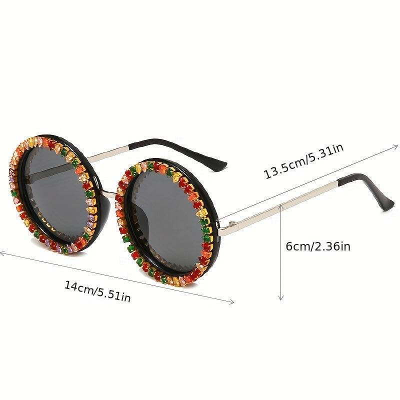 Zircon Decor Sunglasses Round Frame Gradient Lens UV400
