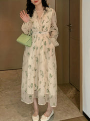 Floral Print Surplice Neck Dress Chiffon Long Sleeve