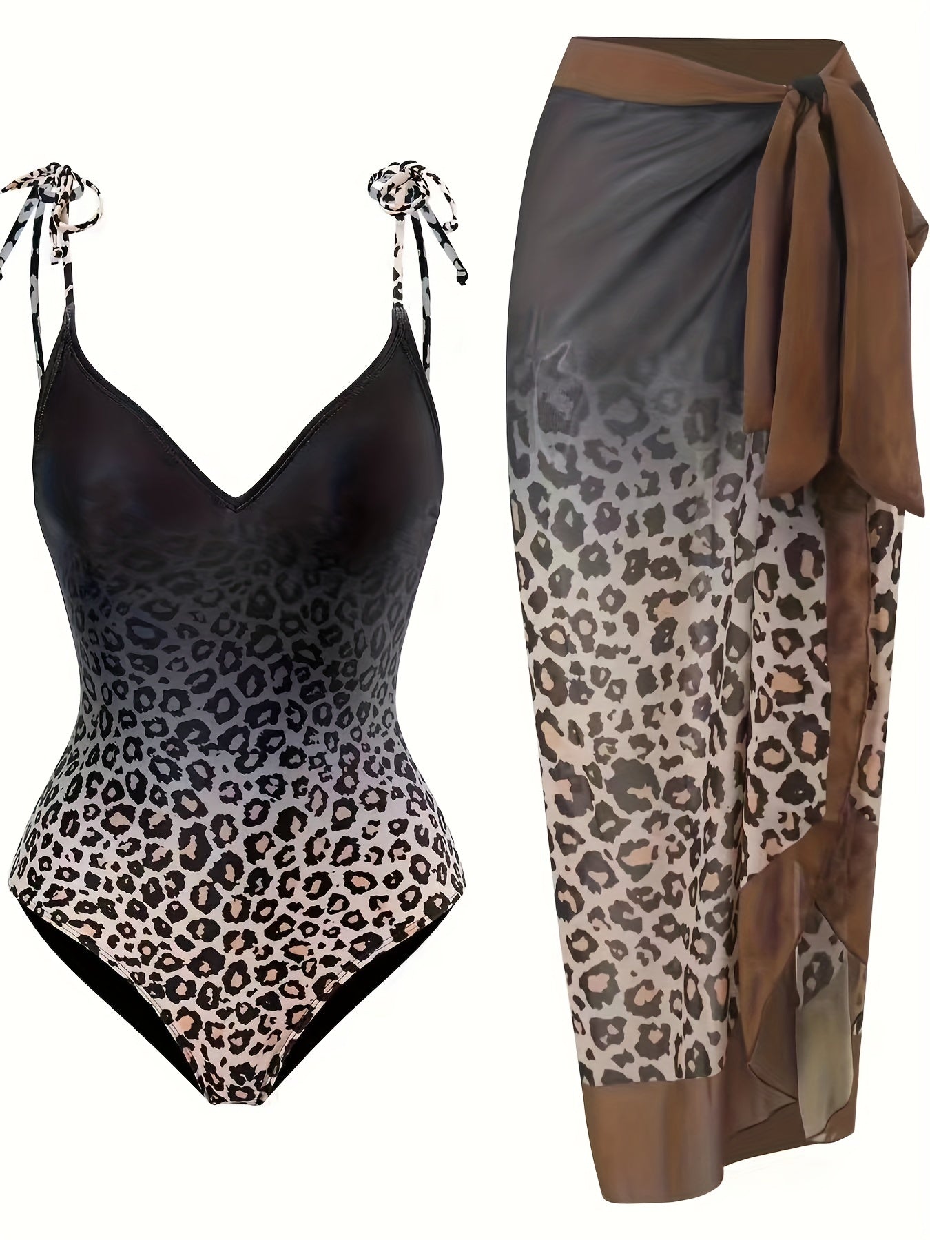 Leopard Print V Neck One Piece Swimsuit Set with Coverup Skirt