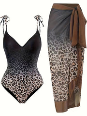 Leopard Print V Neck One Piece Swimsuit Set with Coverup Skirt