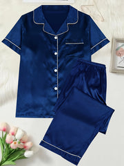 Party Pajamas Set Women's Plus Satin Shirt & Pants 2 Piece Set