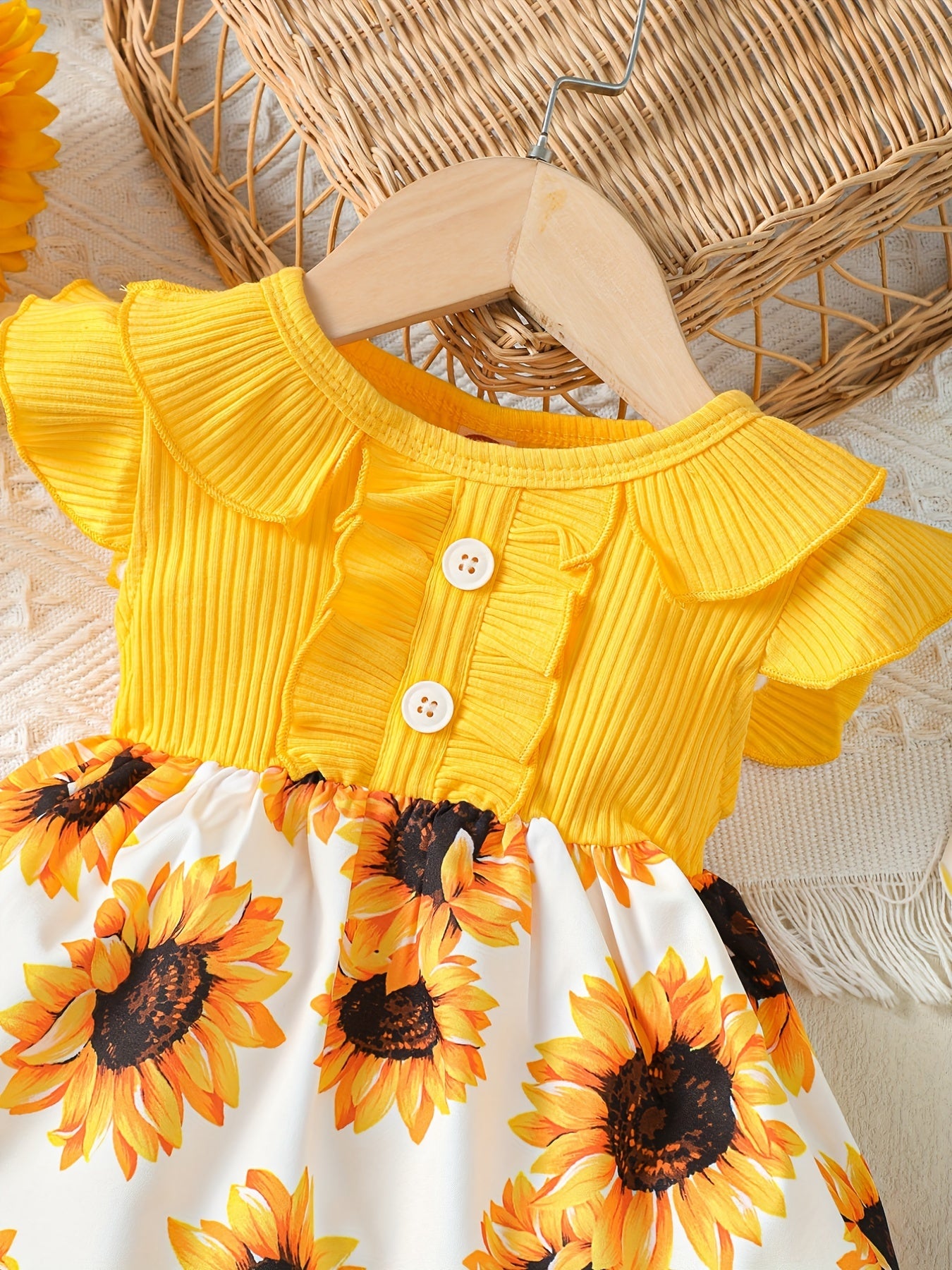 Toddler Baby Girls Ruffle Sleeve Dress Sunflowers Print Kids Clothes Summer