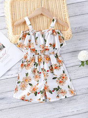 Floral Cold Shoulder Ruffle Trim Romper Jumpsuit Girls Summer Clothes