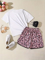 2pcs Toddler Girls Figure & Letter T-Shirts & Leopard Shorts Set