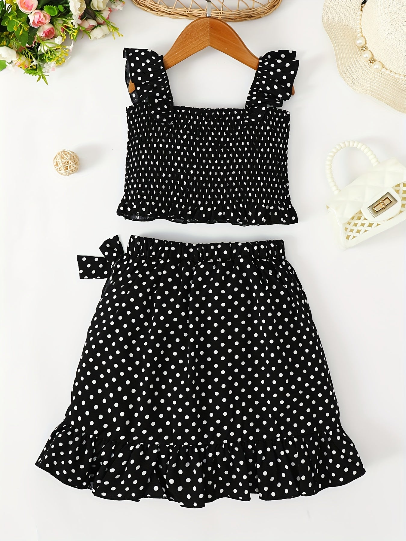 Girls' 2 Piece Outfit Shirred Crop Top & Frilled Mini Skirt Set