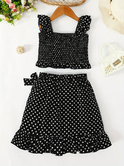 Girls' 2 Piece Outfit Shirred Crop Top & Frilled Mini Skirt Set