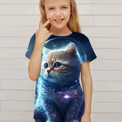 Astronaut Cat Graphic T shirt Girls Casual Short Sleeve Tees