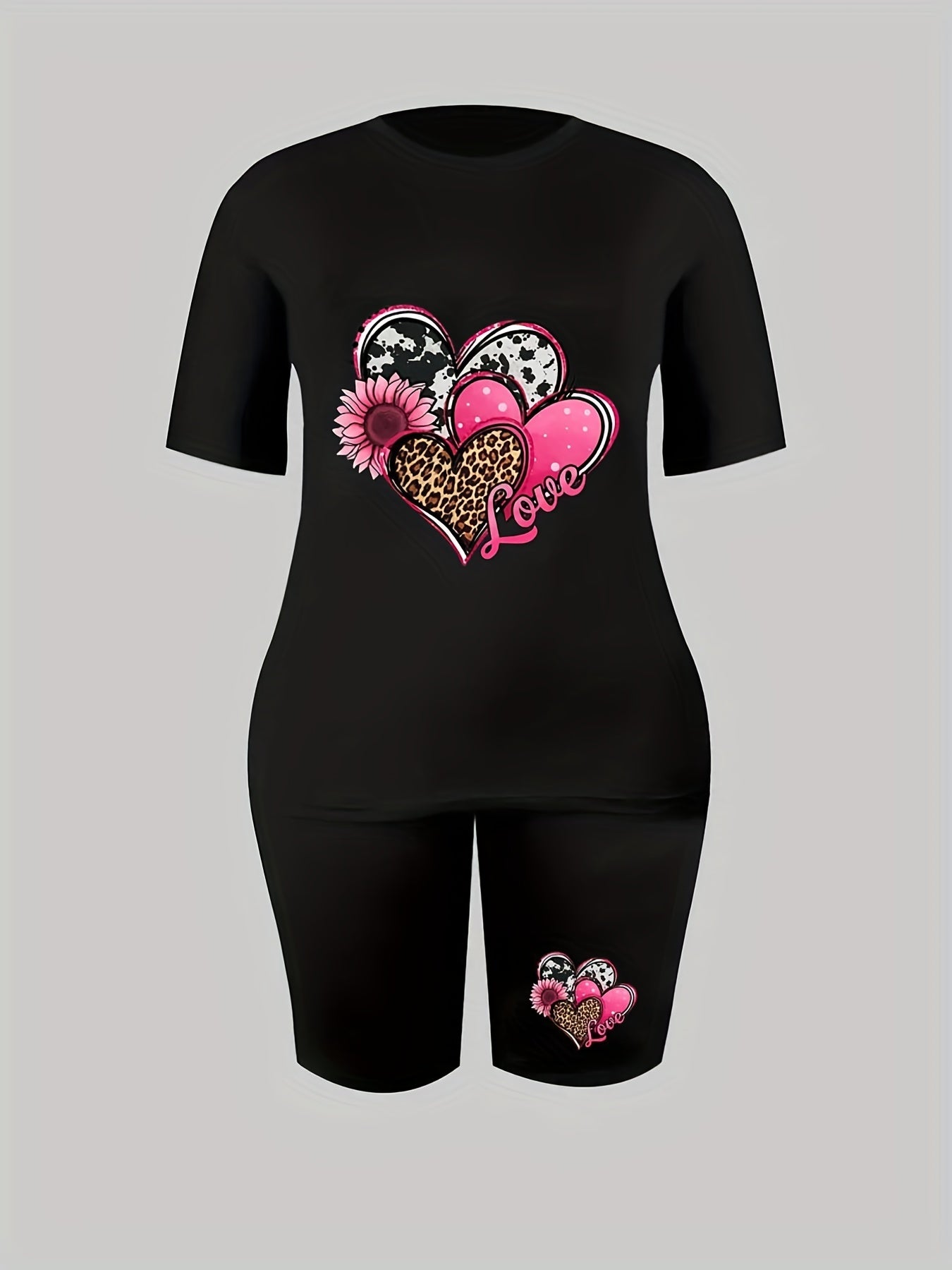 Women's Plus Flag Glasses & Letter Print Short Sleeve Top & Shorts Outfit Set