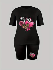 Women's Plus Flag Glasses & Letter Print Short Sleeve Top & Shorts Outfit Set