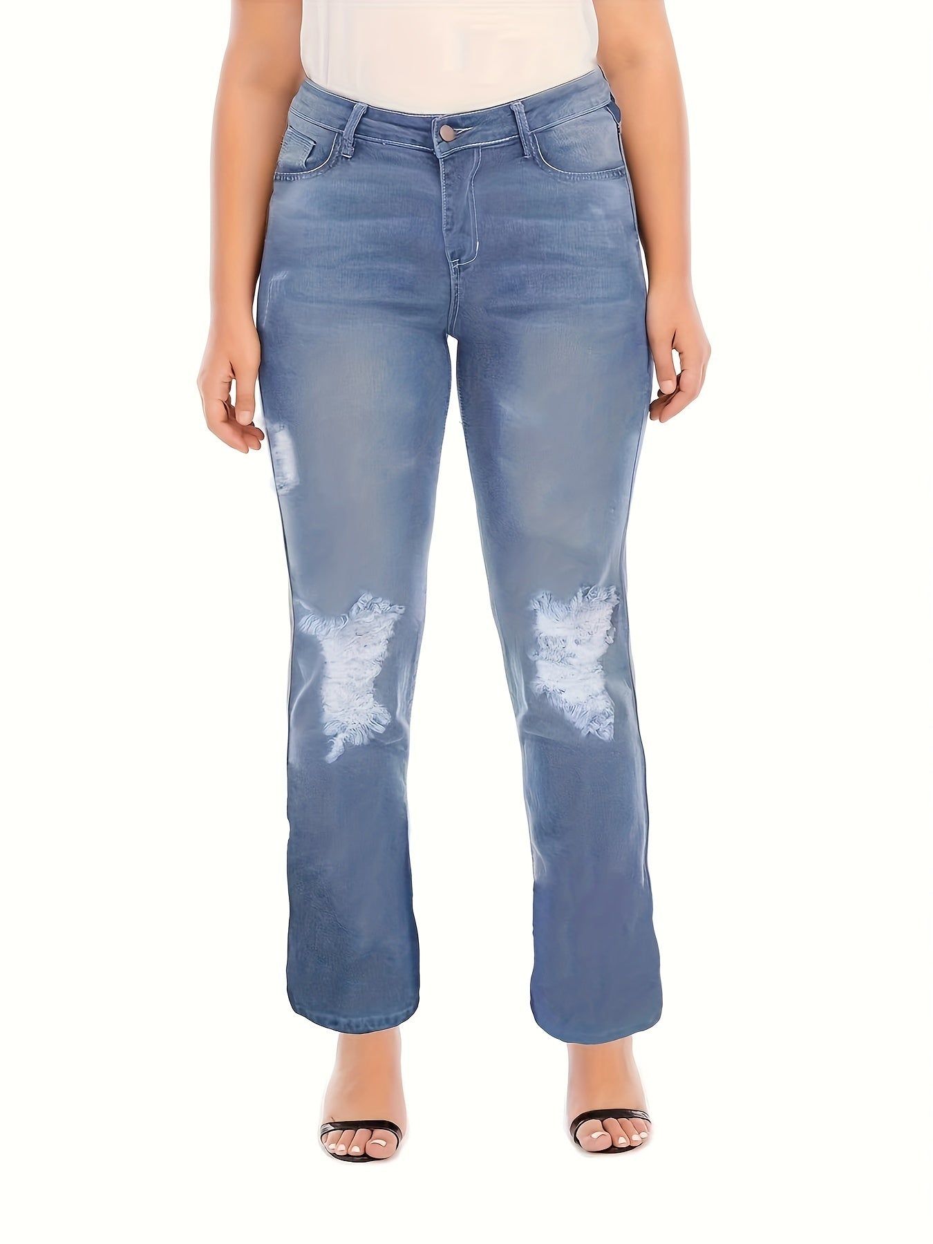 Solid Ripped High Rise Straight Leg Jeans