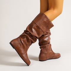 Women's Ruched Mid Calf Riding Boots in Dark Brown