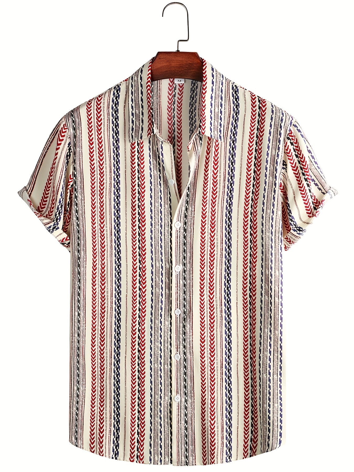Men's Vintage Lapel Shirt Button Up Short Sleeve with Stripes & Graphics