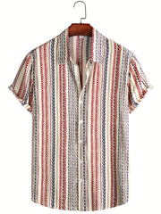 Men's Vintage Lapel Shirt Button Up Short Sleeve with Stripes & Graphics