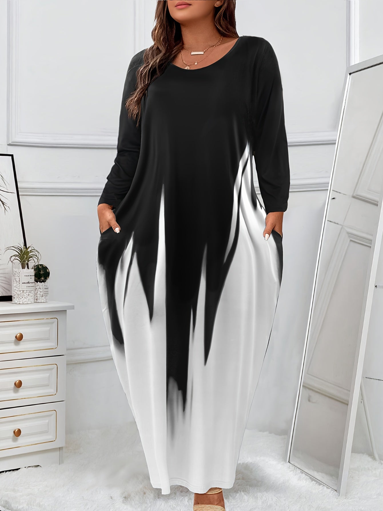 Ombre Long Sleeve Maxi Dress With Pockets
